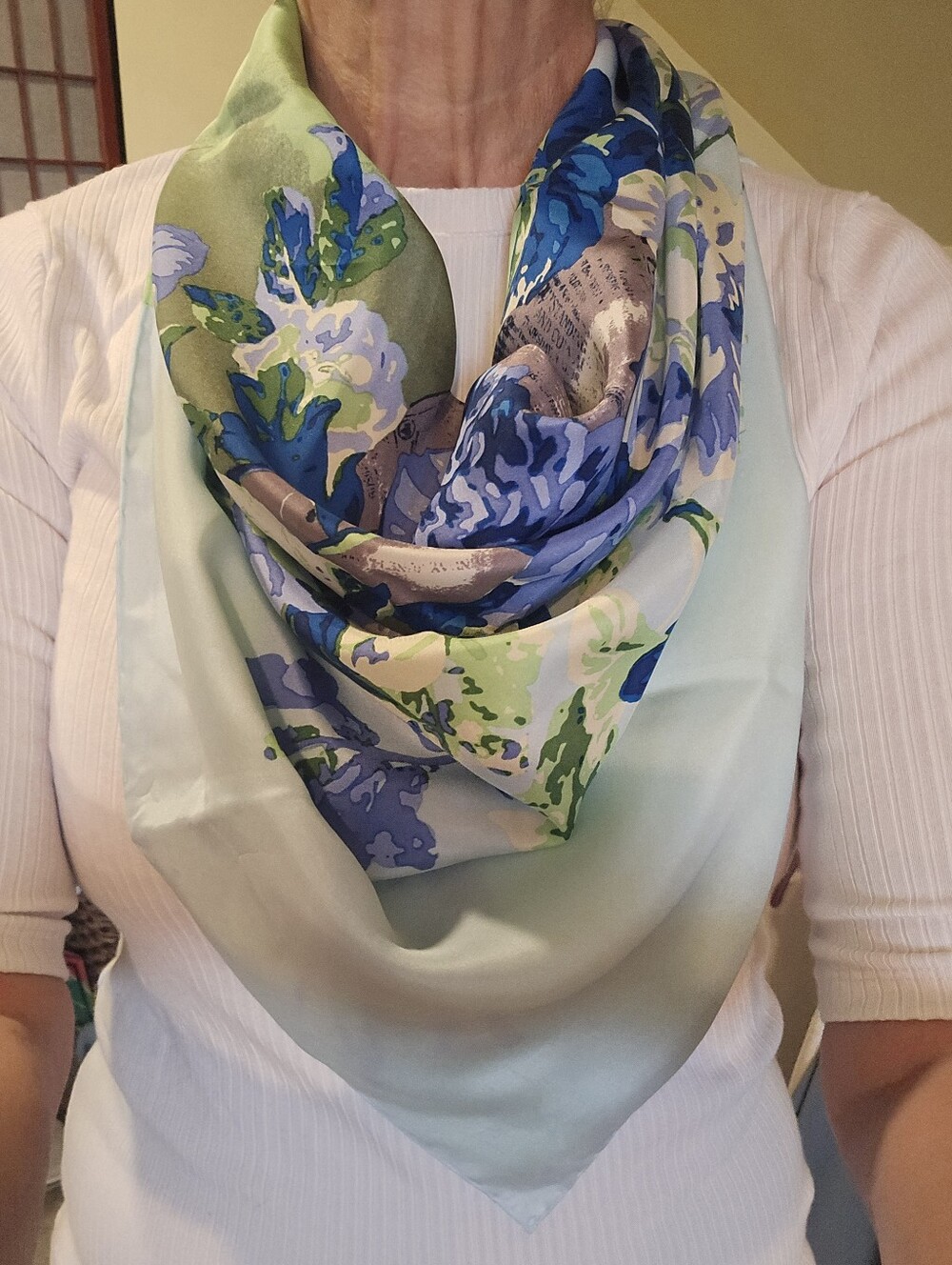 Talbots 100% Silk Floral Bouquet Scarf Blue and Green Vintage 32x32